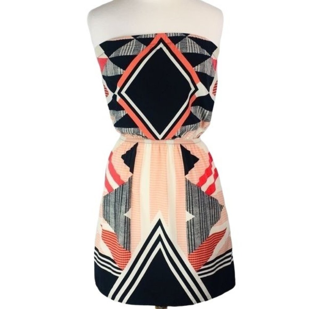 Express Strapless peach, black, cream & terracotta abstract  print dress size XS